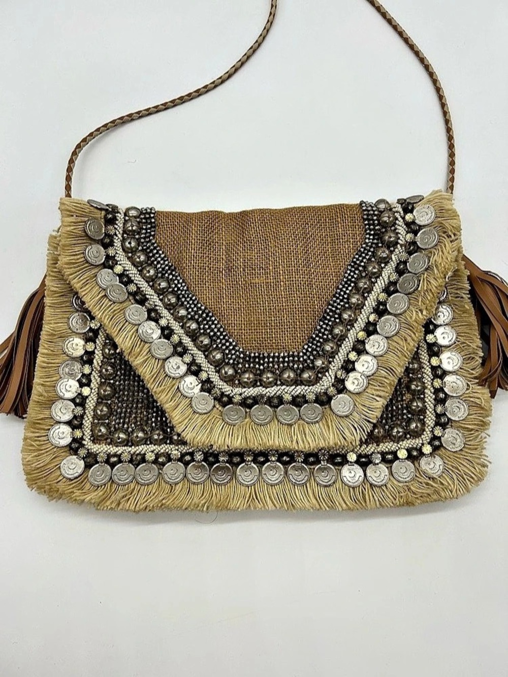 SHASHI Embellished Crossbody Clutch in Brown & Gold